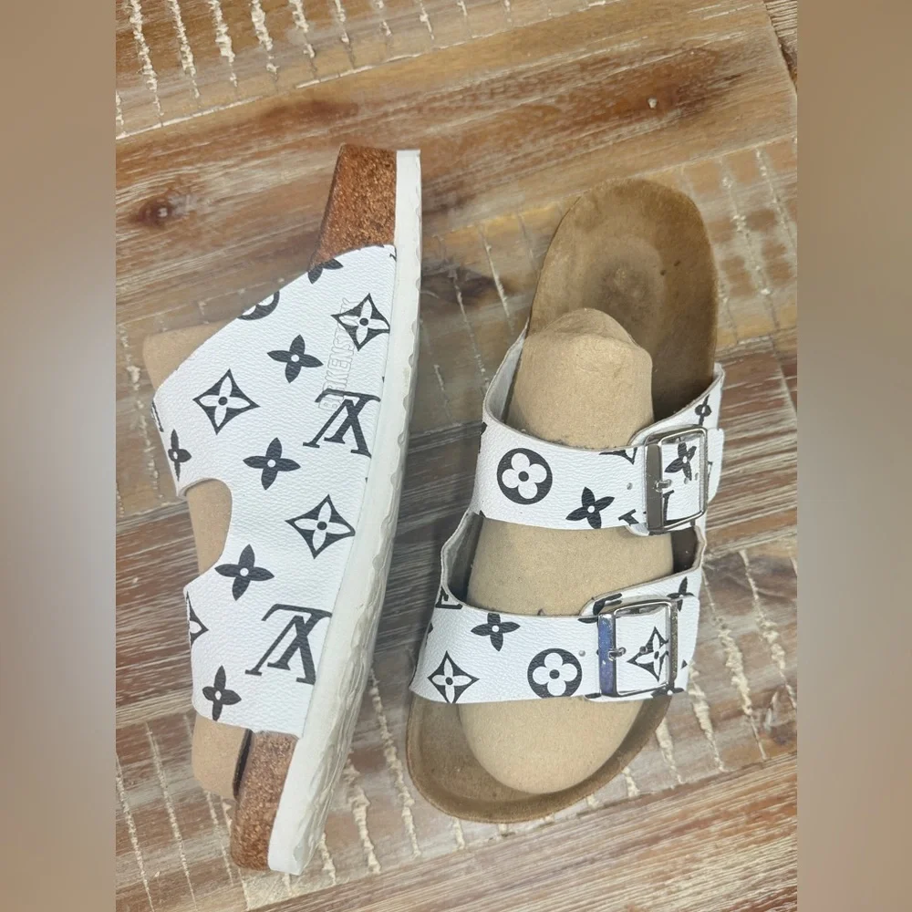 Birkenstock Custom White and Black Patterned Two-Strap Sandals - Picture 4 of 8